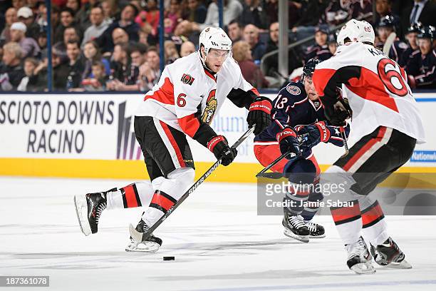 Bobby Ryan of the Ottawa Senators skates with the puck against the Columbus Blue Jackets on November 5, 2013 at Nationwide Arena in Columbus, Ohio.