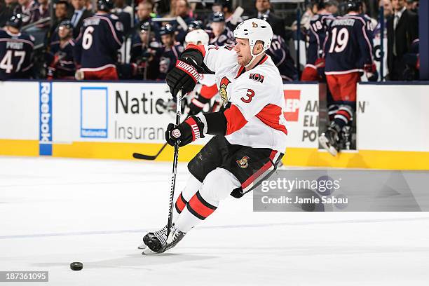 Marc Methot of the Ottawa Senators skates with the puck against the Columbus Blue Jackets on November 5, 2013 at Nationwide Arena in Columbus, Ohio.