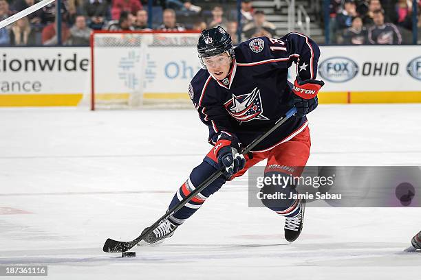 Cam Atkinson of the Columbus Blue Jackets skates with the puck against the Ottawa Senators on November 5, 2013 at Nationwide Arena in Columbus, Ohio.