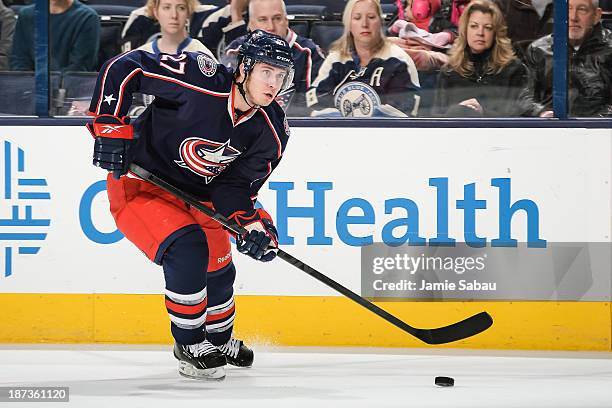 Ryan Murray of the Columbus Blue Jackets skates with the puck against the Ottawa Senators on November 5, 2013 at Nationwide Arena in Columbus, Ohio.