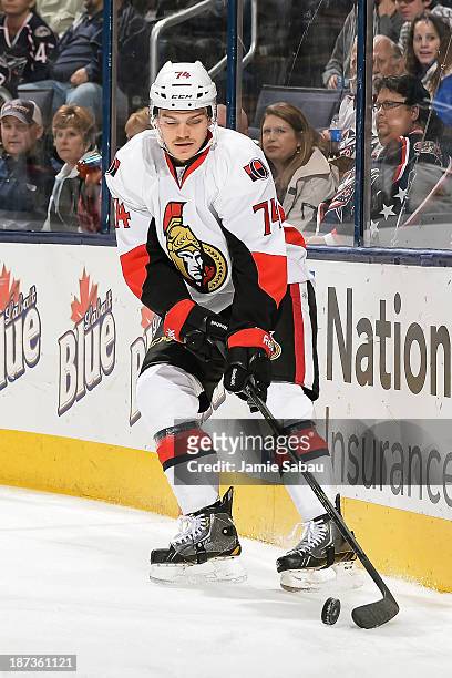 Mark Borowiecki of the Ottawa Senators skates with the puck against the Columbus Blue Jackets on November 5, 2013 at Nationwide Arena in Columbus,...
