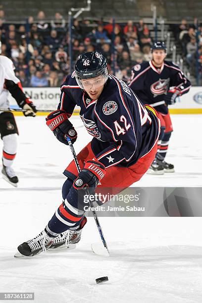 Artem Anisimov of the Columbus Blue Jackets skates with the puck against the Ottawa Senators on November 5, 2013 at Nationwide Arena in Columbus,...