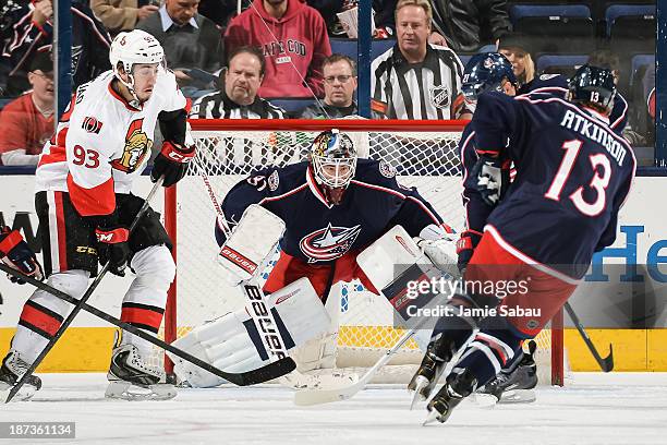 Goaltender Curtis McElhinney of the Columbus Blue Jackets defends the net against the Ottawa Senators on November 5, 2013 at Nationwide Arena in...