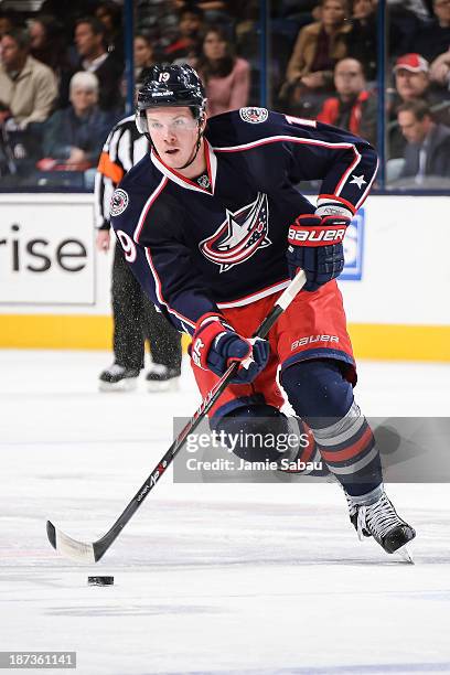 Ryan Johansen of the Columbus Blue Jackets skates with the puck against the Ottawa Senators on November 5, 2013 at Nationwide Arena in Columbus, Ohio.