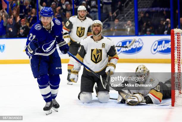Brayden Point of the Tampa Bay Lightning celebrates a goal in the second period during a game against the Vegas Golden Knights at Amalie Arena on...