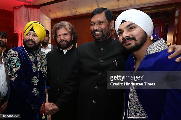 Daler Mehndi, Hans Raj Hans, LJP Chief Ram Vilas Paswan and Gurdeep Mehndi during pre-wedding party of singer Daler Mehndi’s daughter Ajit Kaur with...