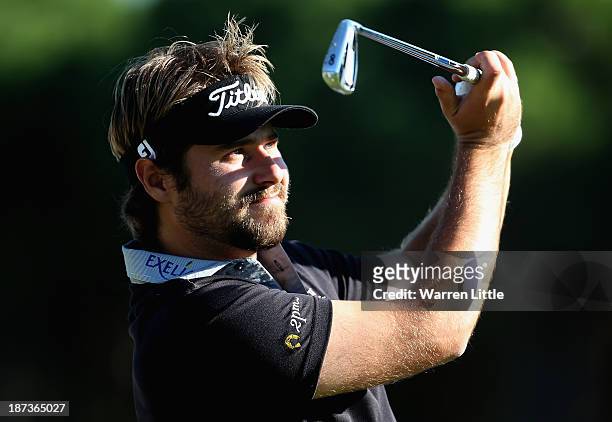 Victor Dubuisson of France tees off on the second hole during the second round of the Turkish Airlines Open at The Montgomerie Maxx Royal Course on...
