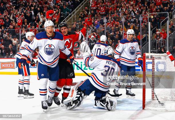 Timo Meier of the New Jersey Devils celebrates his goal at 16:26 of the second period against Calvin Pickard of the Edmonton Oilers at Prudential...