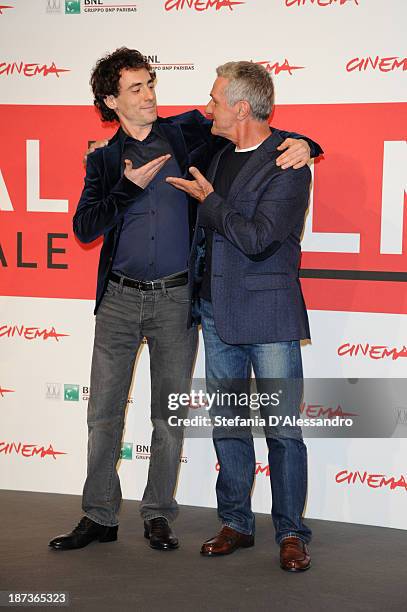 Actor Elio Germano and Ernesto Fioretti attend the 'L'Ultima Ruota Del Carro' Photocall during the 8th Rome Film Festival at the Auditorium Parco...