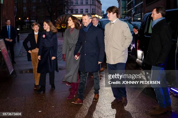 Prince Vincent, Princess Josephine, Crown Princess Mary, Crown Prince Frederik, Prince Christian and Prince Joachim arrive at the Christmas Eve...