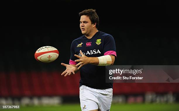 South Africa new cap Frans Malherbe in action during training ahead of their match against Wales at the Millennium Stadium on November 8, 2013 in...