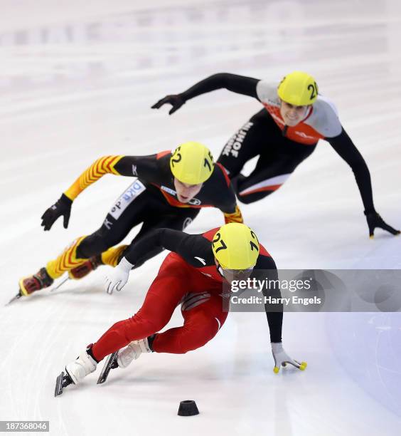 Wenhao Liang of China leads the group during the Men's 1000m preliminaries on day two of the Samsung ISU Short Track World Cup at the Palatazzoli on...