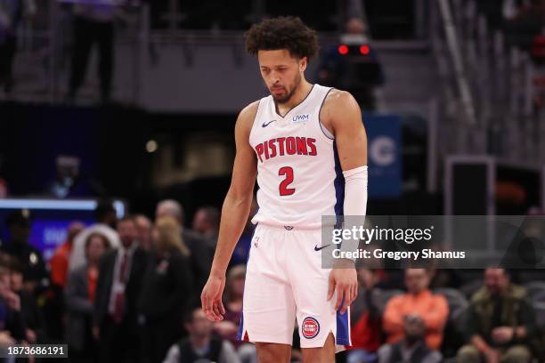 Cade Cunningham of the Detroit Pistons looks on in the fourth quarter on the way to a 119-111 loss to the Utah Jazzat Little Caesars Arena on...