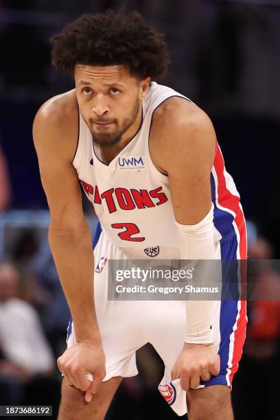 Cade Cunningham of the Detroit Pistons looks on in the fourth quarter on the way to a 119-111 loss to the Utah Jazzat Little Caesars Arena on...