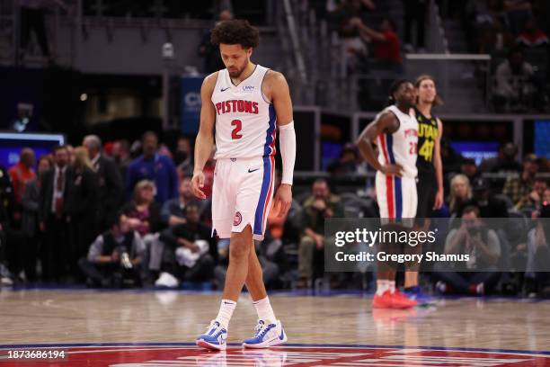 Cade Cunningham of the Detroit Pistons looks on in the fourth quarter on the way to a 119-111 loss to the Utah Jazzat Little Caesars Arena on...