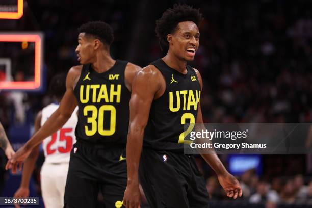 Collin Sexton of the Utah Jazz reacts in the second half while playing the Detroit Pistons at Little Caesars Arena on December 21, 2023 in Detroit,...