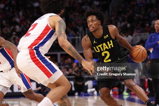 Collin Sexton of the Utah Jazz looks to drive against Isaiah Livers of the Detroit Pistons during the second half at Little Caesars Arena on December...
