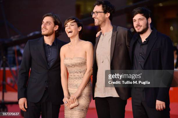 Actors Luca Marinelli, Camilla Filippi, director Alessandro Lunardelli and actor Filippo Scicchitano attends 'Il Mondo Fino In Fondo' Premiere during...