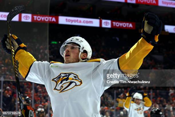 Philip Tomasino of the Nashville Predators reacts after scoring during the third period against the Philadelphia Flyers at the Wells Fargo Center on...