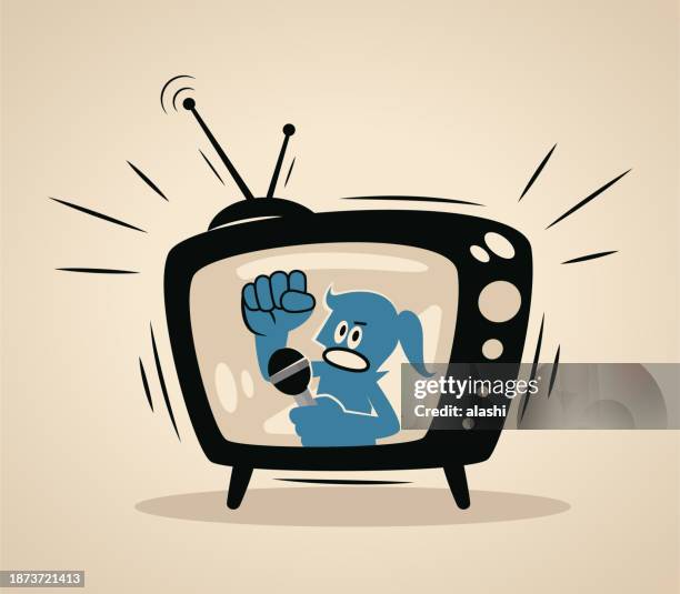 a blue woman host on a tv screen talking with a microphone - pepsi foot battle television campaign stock illustrations
