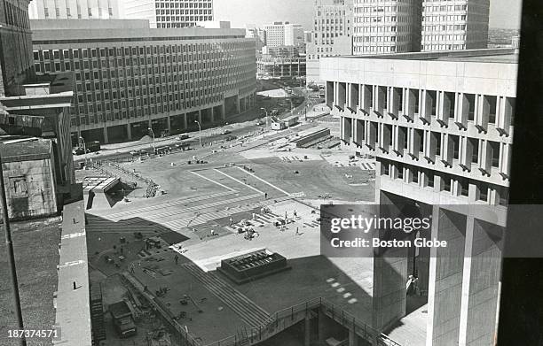 View from the 13th floor of the newly constructed New England Merchants National Bank tower at the corner of Washington and State streets showed how...