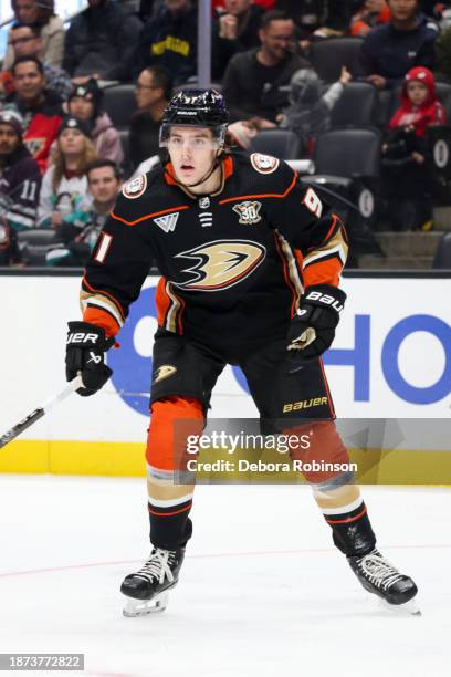 Leo Carlsson of the Anaheim Ducks skates on the ice during the first period against the Calgary Flames at Honda Center on December 21, 2023 in...