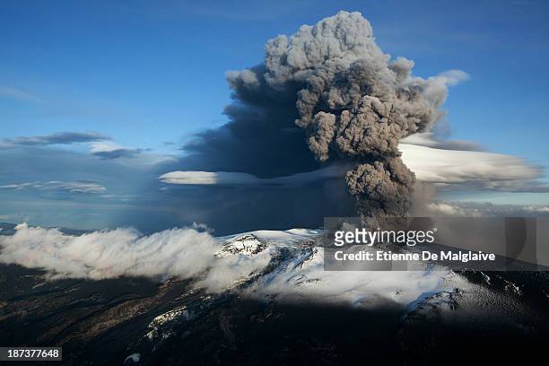 Ash plume from Iceland's Eyjafjallajokull crater during it's eruption, spewing tephra and ashes that drift toward continental Europe on May 15, 2010...