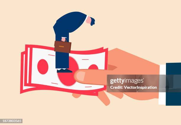 confronted with money the businessman loses his dignity, morality and law, discrimination or inequality, standing on the banknotes held in the hands of giants, the businessman bends down and bows his head - low self esteem stock illustrations
