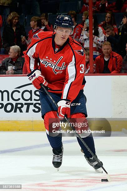 Alexander Urbom of the Washington Capitals warms up prior to playing an NHL game against the New York Islanders at Verizon Center on November 5, 2013...