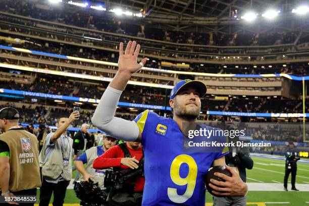 Matthew Stafford of the Los Angeles Rams celebrates after defeating the New Orleans Saints in the game at SoFi Stadium on December 21, 2023 in...