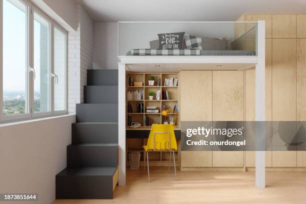 modern teen room with bunkbed, study desk, bookshelf and wooden cabinet - small bedroom stock pictures, royalty-free photos & images