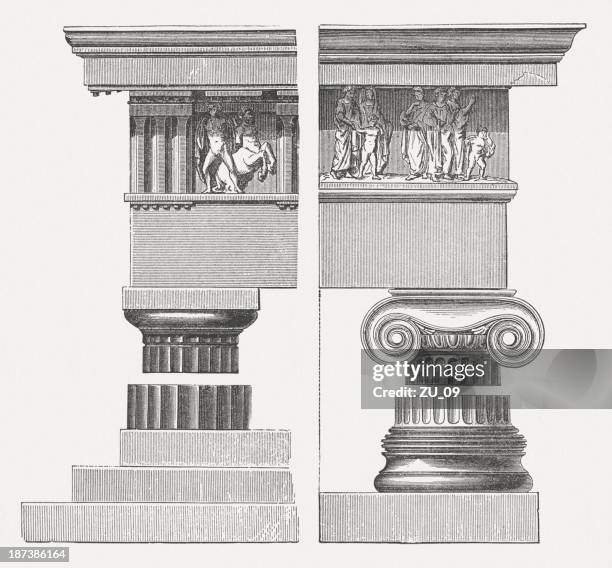 columns, doric and ionic order, wood engraving, published in 1876 - ionic compound stock illustrations