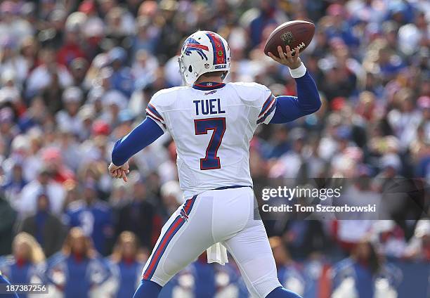 Jeff Tuel of the Buffalo Bills throws a pass during NFL game action against the Kansas City Chiefs at Ralph Wilson Stadium on November 3, 2013 in...