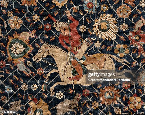 Italy, Lombardy, Milan, Museo Poldi Pezzoli, Detail, Man with turban rides a horse hell for leather and hunts a wolf using a lance, Around him,...