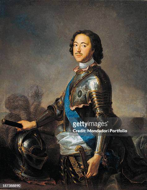 Russia, Moscow, Gosudarstvennyj Istoriceskij Muzej , All, The leader with moustache wears a suit of armor with helmet and sword, a blue sash and...