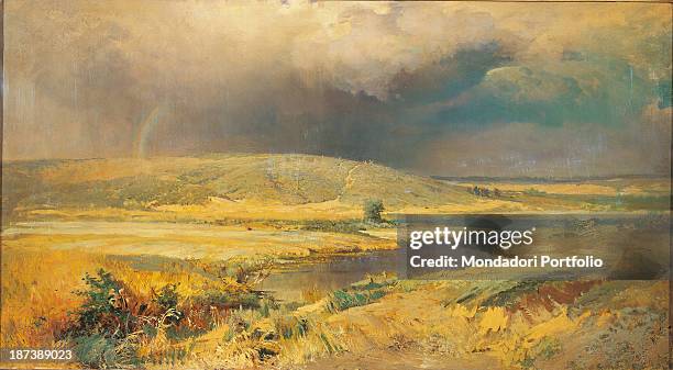 Russia, Moscow, State Tretyakov Gallery, All, Lagoons along the Volga River, A rainbow displays in the sky dotted with gray clouds, The river crosses...