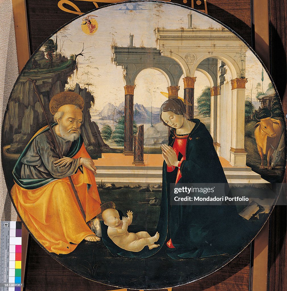 Adoration of the Infant Jesus, by workshop Mainardi Sebastiano,Mainardi Sebastiano, 15th Century, oil on board, cm 82 x 82