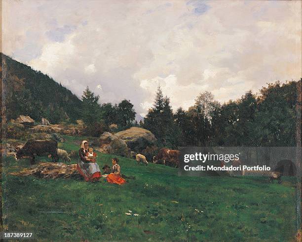 Italy, Piedmont, Turin, Direzione Generale delle Entrate del Piemonte, All, A woman with her children sits on a rock, Around them cows, sheep and...