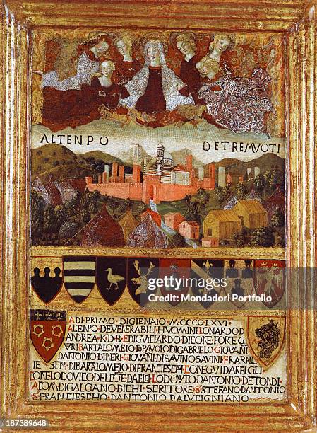 Italy, Tuscany, Siena, Museo delle Biccherne, All, Mary stands above a city surrounded by a wall and its districts, Escutcheons and shields with...