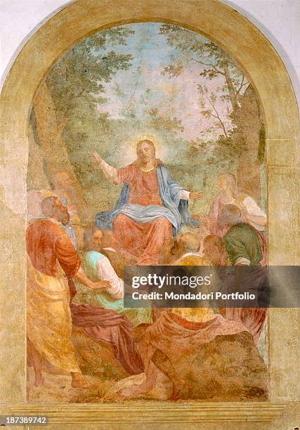 Italy, Tuscany, Florence, Certosa del Galluzzo, All, Jesus preaching to a crowd of believers, He is characterized by the aureole and is wearing a red...