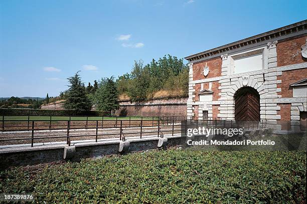 Italy, Veneto, Verona, Bastioni cinquecenteschi, Foreshortening view of the bastions in red bricks and white stone, part of the remains of the...