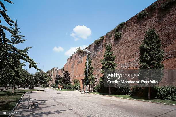 Italy, Veneto, Verona, Bastioni cinquecenteschi, Foreshortening view of the bastions in red bricks, part of the remains of the fifteen hundred city...