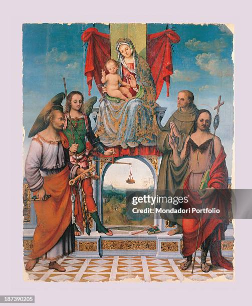 Madonna and Child with St. Peter, St. Michael, St. Francis and St...., Fotografía de noticias