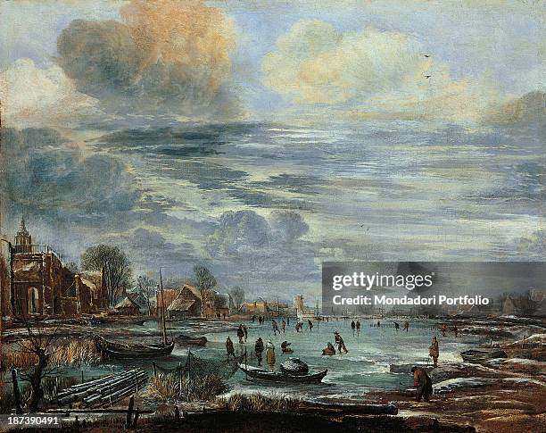 Spain, Madrid, Museo Thyssen-Bornemisza, All, View of a winter landscape dominated by snow, On a lake whose surface is covered by a layer of ice, can...