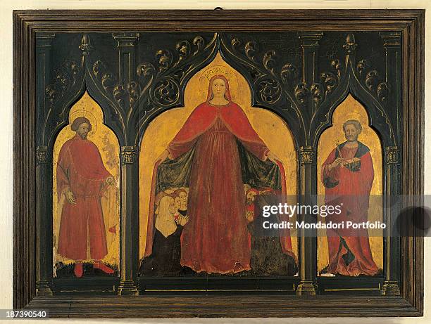 Italy, Veneto, Verona, Banca Popolare di Verona, All, Tryptych polyptich depicting Saint Mary the Virgin with Saints and prayerful devotees who are...