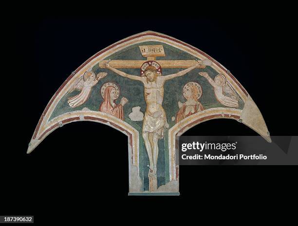 Italy, Piedmont, Savigliano, Chiesa di Sant'Andrea, All, Fresco depicting the crucifixion, Madonna Saint Mary the Virgin with Saint John the...