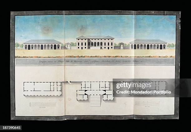 Italy, Veneto, Verona, Biblioteca Civica, All, Architectonical plan in watercolour, where can marked elevation and façade of Villa La Soranza...