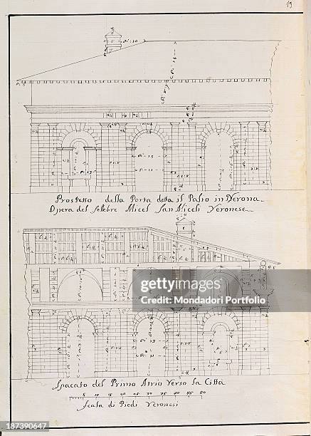 Italy, Veneto, Verona, Biblioteca Civica, All, Architectonical plan of the Porta Palio in Verona, where can be noticed elevation and section, .