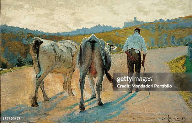 Italy, private collection, Painting showing two oxen and a peasant seen from behind walking on a country road, Belonging to the divisionist period,