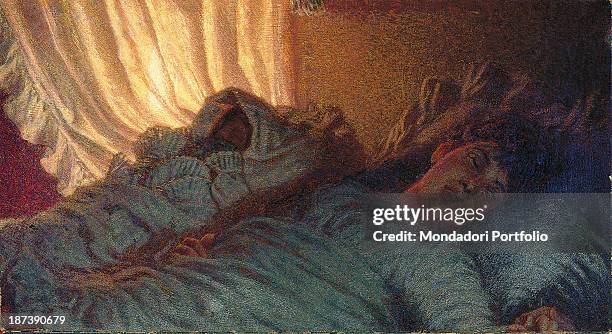 Italy, private collection, Painting portraying a mother and her son in his cradle, both sleeping, while the morning sun lights them through a...